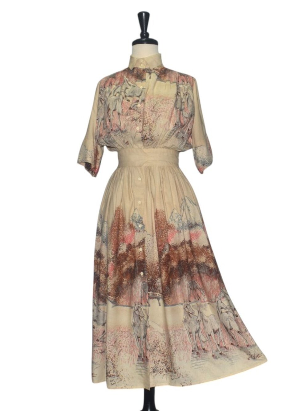 Vintage Equestrian Novelty Print Dress Horses Mountains Midi Dress Button XXS XS